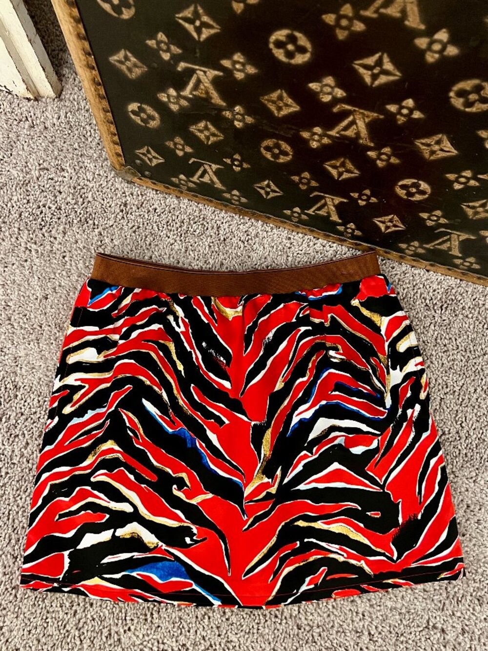 Balenciaga Red Tiger Silk Mini Skirt with Pockets